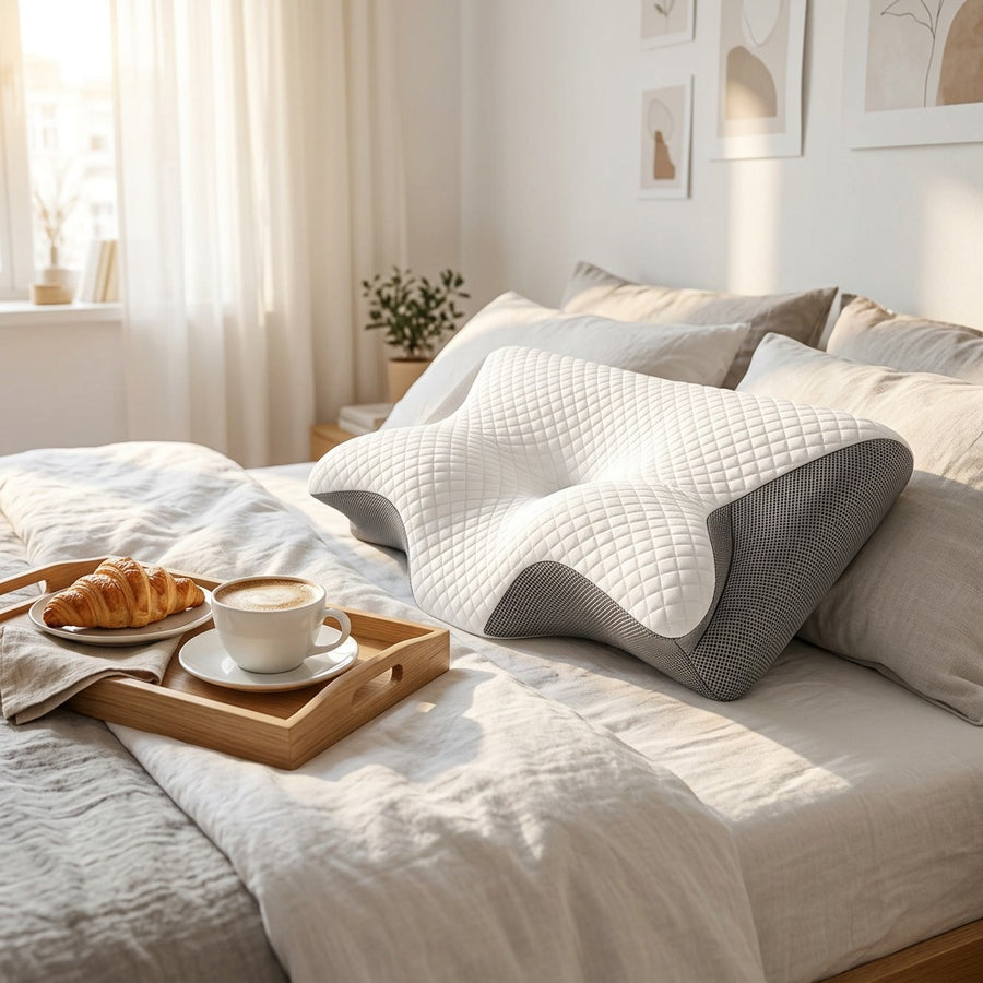 Halsa Align on a bed with breakfast in the morning